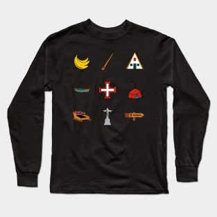 Madeira Island icons: Bananas, Poncha, Santana House, Fishing Boat, Cross, Folklore Hat, Toboggan Ride, Christ the Redeemer and Recommended Walking Route sign (PR) in colour Long Sleeve T-Shirt